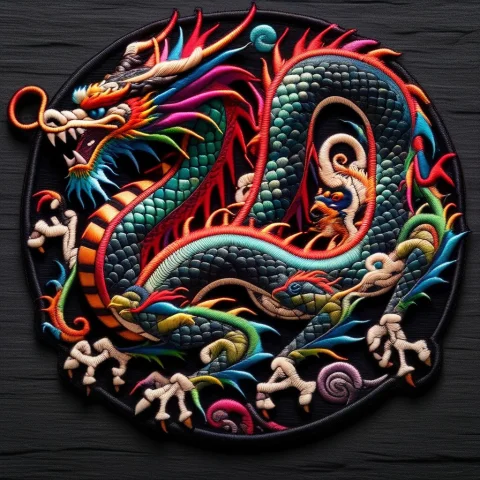 Create A Premium Embroidered Fabric Patch Depicting A Fierce... — SDXL AI Prompt: Create a premium embroidered fabric patch depicting a fierce stylized eastern dr...