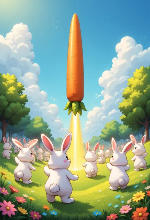 Lots Of Cute White Rabbits In A Lush Green Meadow Run To Wat...