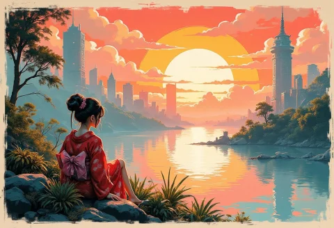 Manga Illustrations, Anime, Ukiyo-e, Ink Block Print, Woman... — FLUX AI Prompt: manga illustrations, anime, ukiyo-e, ink block print, woman in kimono sitting by...