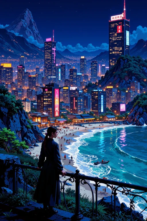 A Futuristic Cyberpunk Coastal City Beautiful Landscape, Bri...