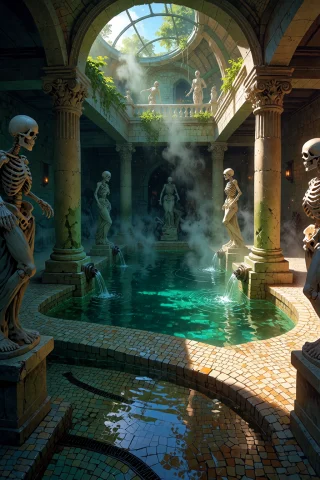 , Boneswm, An Ancient Roman Bathhouse With Pools Of Warm Mil... — Stable Diffusion AI Prompt: , boneswm, an ancient Roman bathhouse with pools of warm milky bone-mineral wate...