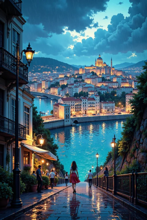Lisbon, Portugal Beautiful Anime Landscape, Rainy Day, Woman...