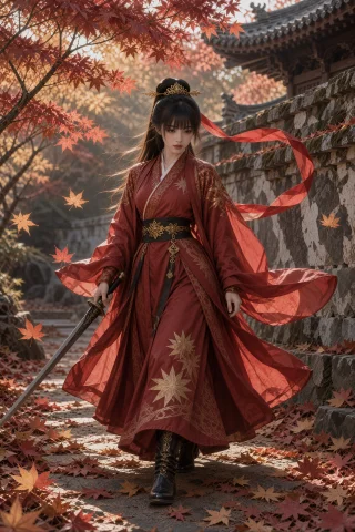 , A Red Martial Hanfu Robe With Gold Starburst Embroidery, F... — Stable Diffusion AI Prompt: 古装, a red martial hanfu robe with gold starburst embroidery, fitted black wais...