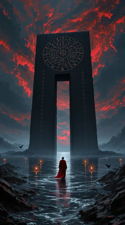 A Massive Obsidian Gate Stands Half-submerged In A Black Oce...
