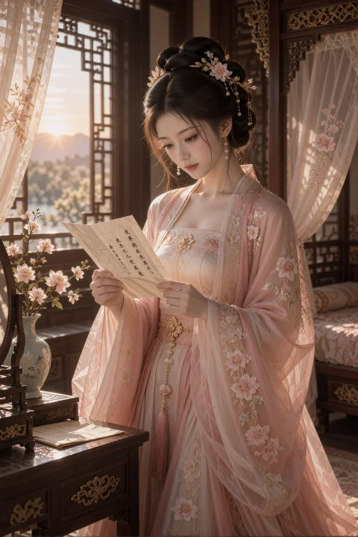 古装，夕阳照入的婚房窗边，一名年轻中国女子站着阅读一张信纸，...