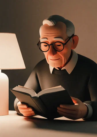 An Elderly Man With Round Glasses Seated At A Table Reading... — Stable Diffusion AI Prompt: an elderly man with round glasses seated at a table reading a book, warm light f...