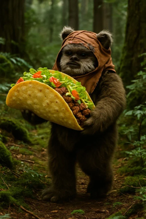 A Film Still Of A Star Wars Ewok Carrying A Huge Taco Across...