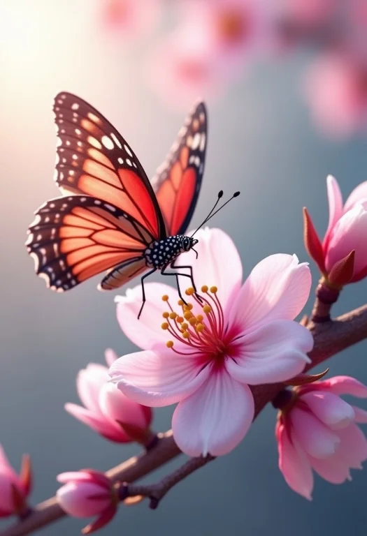 A Butterfly Landing On A Blooming Cherry Branch, Beautiful W...