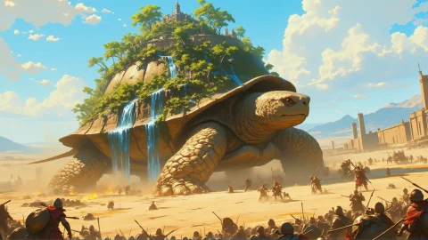 A Huge Turtle, On The Back Shell Of The Turtle Is A Huge Par... — FLUX AI Prompt: A huge turtle, on the back shell of the turtle is a huge paradise like island, a...
