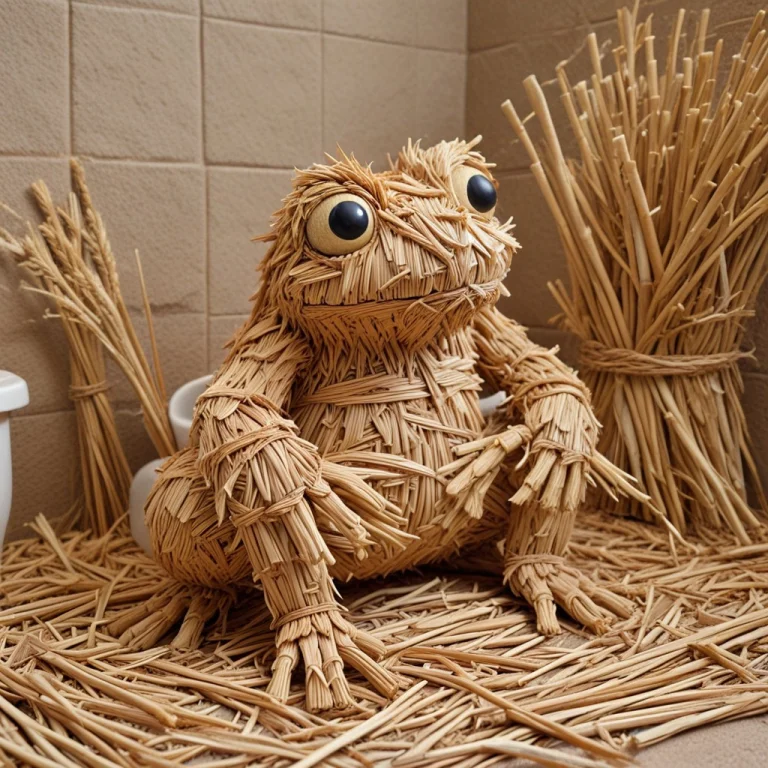 A Very Cute Frog Made Entirely Of Straw, Sitting On A Toilet...