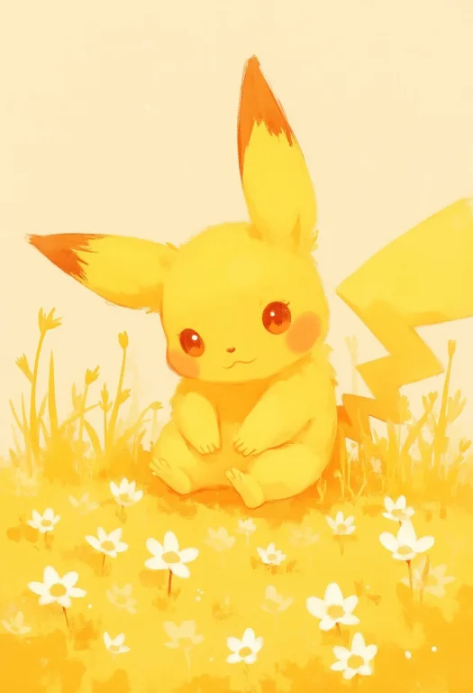 Cute Chubby Pikachu In The Grass With Small White Flowers,so...