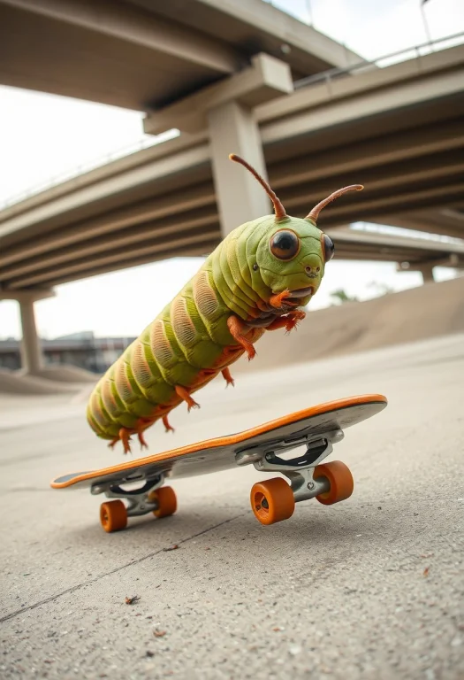 Realistic Photo Of A Caterpillar Doing Sick Skateboard Trick...