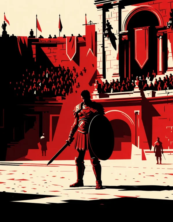 Gladiator Arena Red, Black, Ivory A Lone Gladiator Stands...
