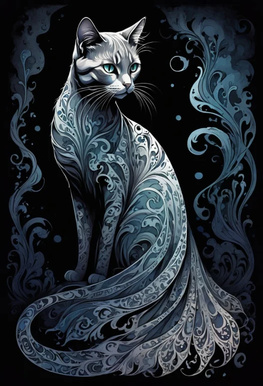 Ink Illustration, House Cat, Eerie, Large Glowing Eyes, Shar...