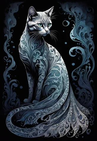 Ink Illustration, House Cat, Eerie, Large Glowing Eyes, Shar... — SDXL AI Prompt: (Ink illustration), house cat, eerie, large glowing eyes, sharp claws, tufted ea...