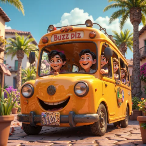 Cute 3d Cartoon Of A Crawded Bus With People Going To The Be... — Stable Diffusion AI Prompt: Cute 3d cartoon of a crawded bus with people going to the beach with the words "...