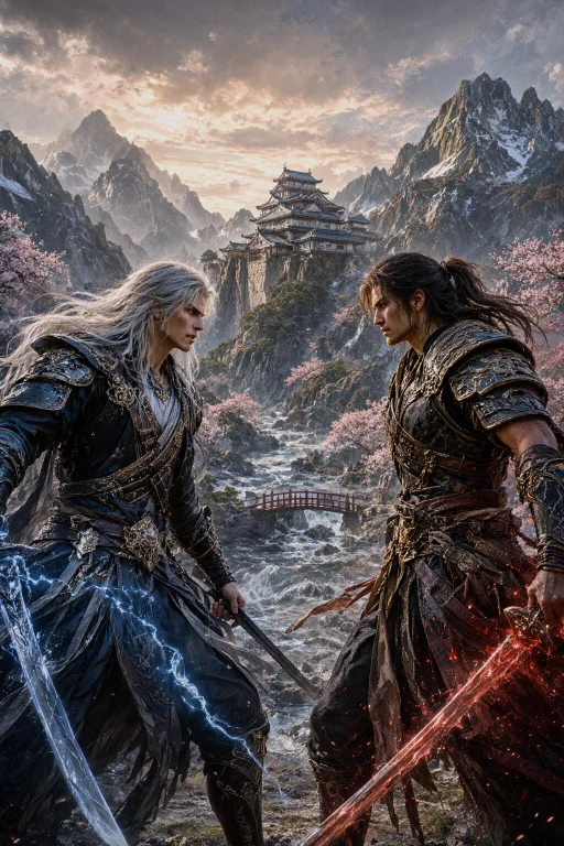 The Image Presents A Dramatic Fantasy Battle Scene Set In A...
