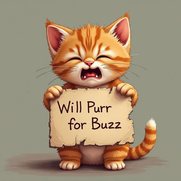 A Crying Kitten Holding A Sign That Reads Will Purr For Buzz...