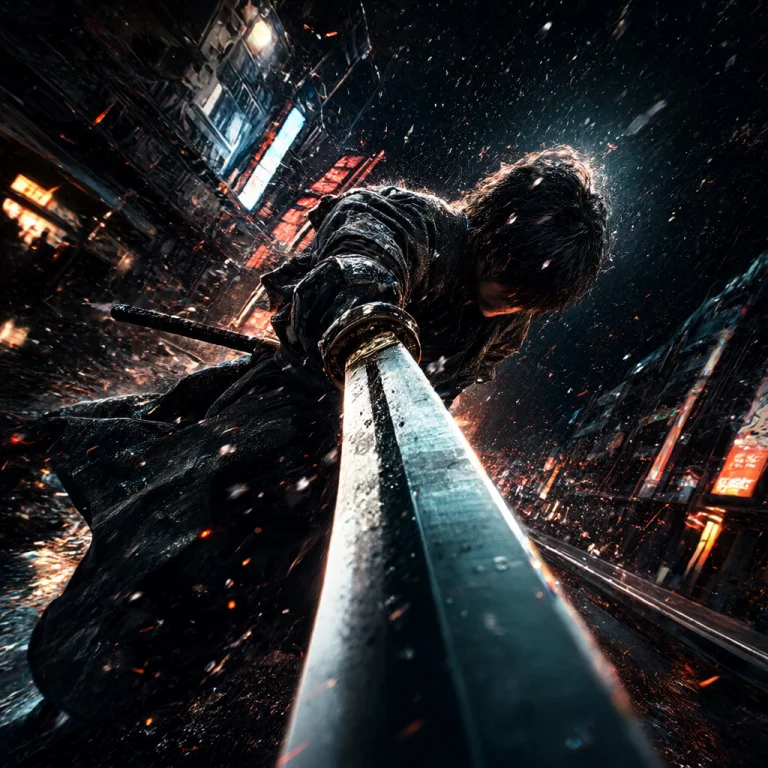 A Cyberpunk Street Samurai Mid-strike, Katana Swinging Towar...