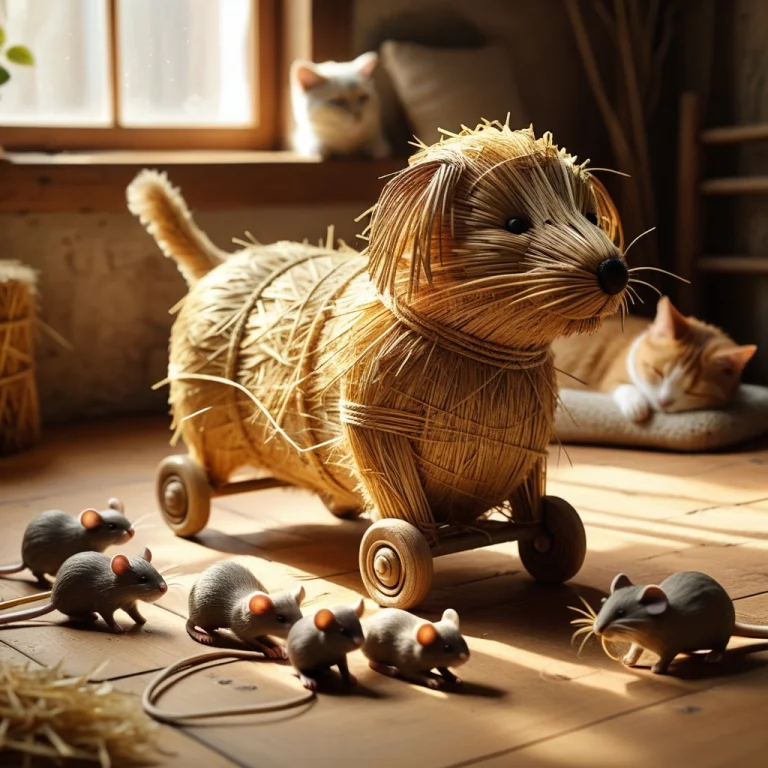 A Group Of Small Mice Pushing A Huge Dog Sculpture Made Enti...