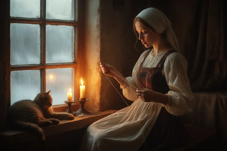 Loravvasnetsov1, Russian Peasant Girl Spinning Thread By Win...