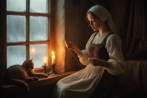 Loravvasnetsov1, Russian Peasant Girl Spinning Thread By Win... — Stable Diffusion AI Prompt: , Russian peasant girl spinning thread by window in winter, candlelight, cat sle...