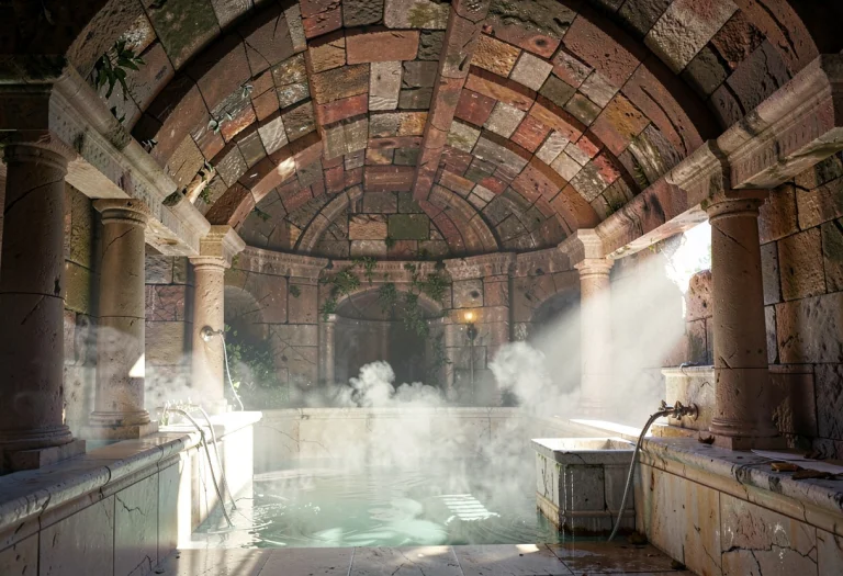 A Roman Bath Steaming Beneath Vaulted Stone, Concept Art, Da...