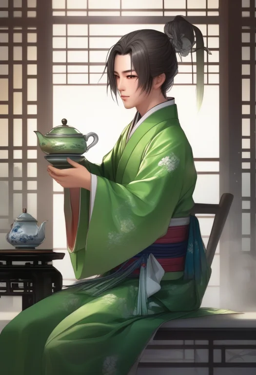 Masterpiece, Best Quality, 1boy, Solo, Waist-length Hair, Gr...