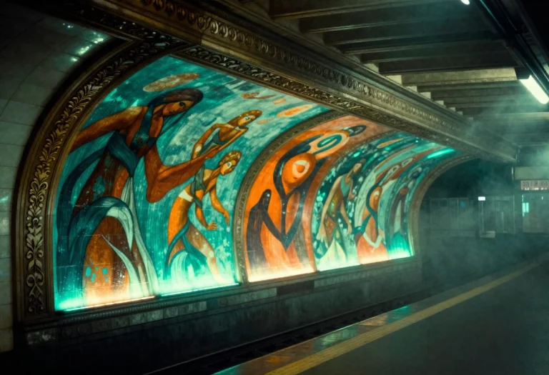 An Ornate Subway Station Clad In Murals, Bioluminescent Glow...