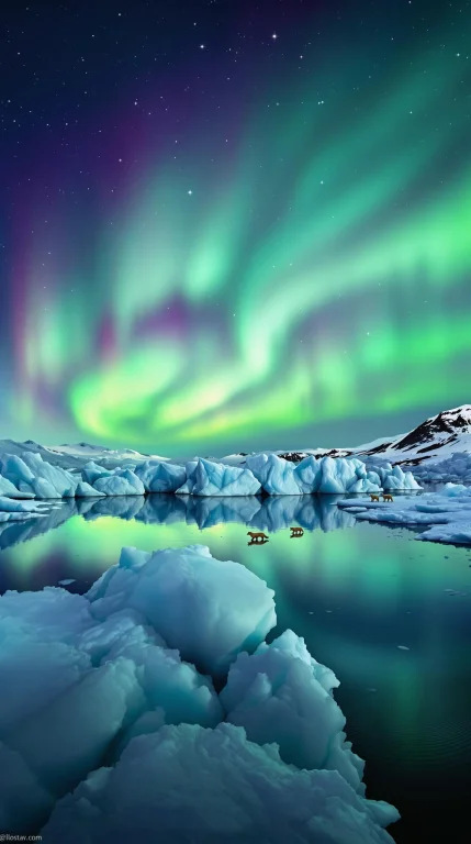 On The Polar Glacier, The Azure Icebergs Reflect The Aurora...