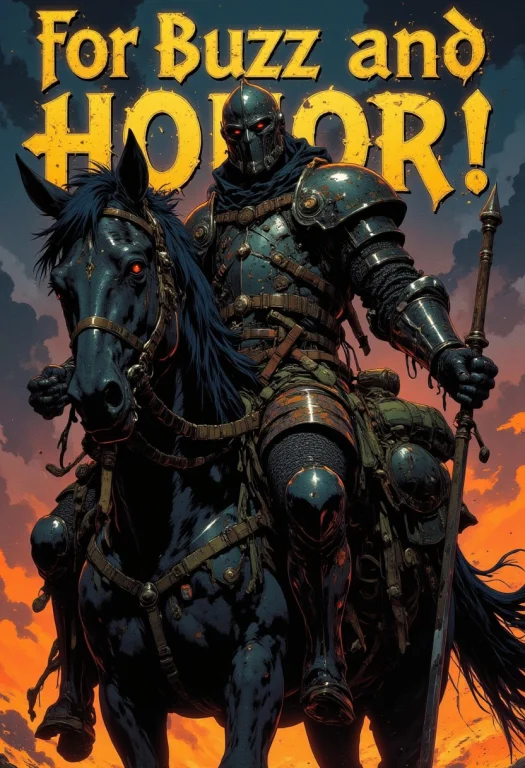 A Knight Riding A Horse, ,dark Colors,sword Pointed To The S...