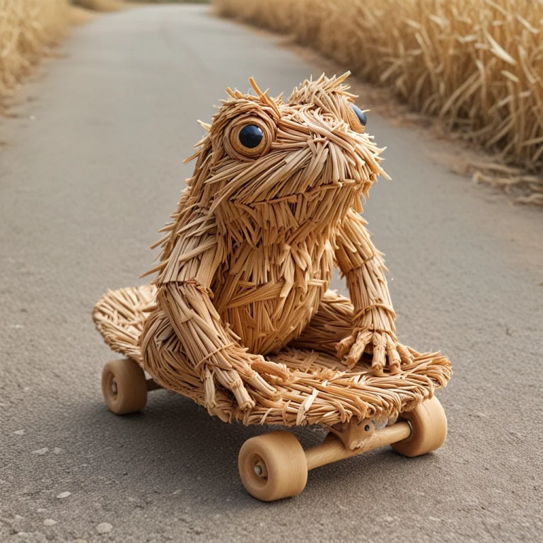 A Very Cute Frog Made Entirely Of Straw, Riding A Skateboard...