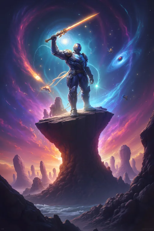 A Grand Cosmic Scene Featuring A Powerful, Armored Guardian...