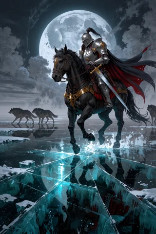 Frozen Knight Mulled Wine — Stable Diffusion AI Prompt: , Knight riding a horse across a frozen lake under a pale moon ice cracking with...