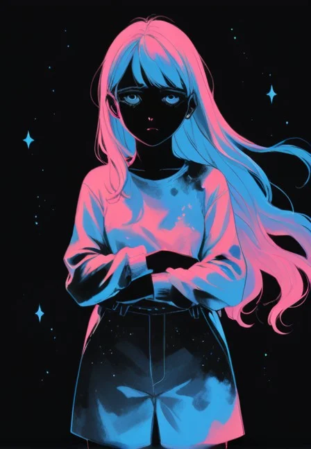 1girl, Black Background, Limited Palette, Sad, Neon, Galaxy,...