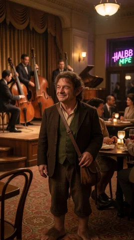 Halfling in Jazz Club Prompt — Stable Diffusion AI Prompt: hbbt halfling man, chest-up, eye-level, standing, smiling, jazz club, musicians...