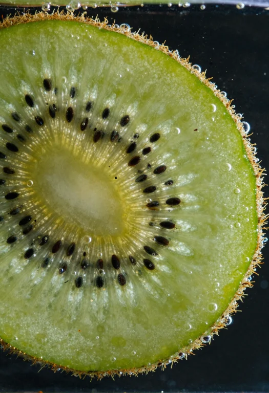 A Macro-microscopic Image Of A Thin Kiwi Slice Submerged In...
