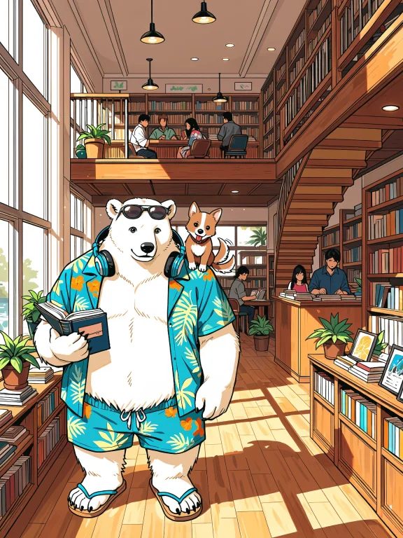 A Cozy, Narrow Bookstore Interior With Warm Wooden Bookshelv...