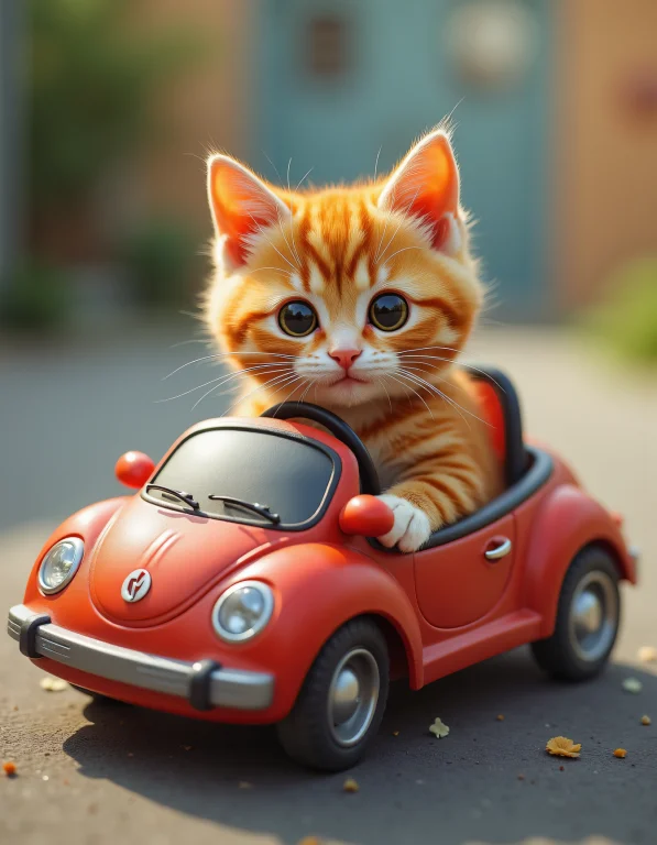 Cat Sitting In A Tiny Car For A Child, Vivid Color Palette,...