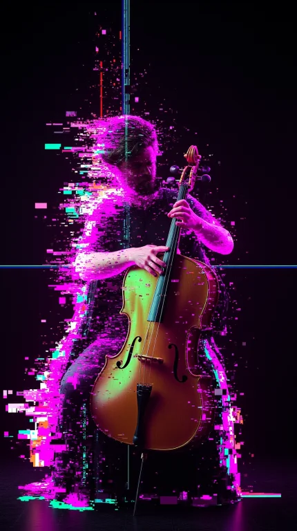 Photoreal Cello On Stage, Body Fracturing Into Neon Pink, Em...