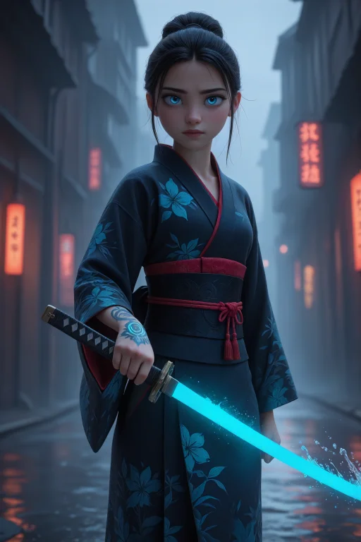 Cyberpunk Samurai, Young Woman, Cowboy Shot, Traditional Kim...