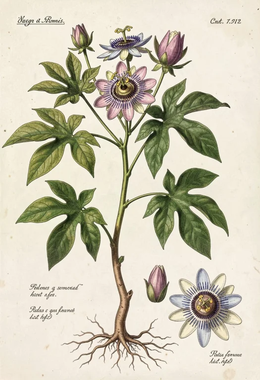 A Botanical Illustration Of A Flowering Passionflower Plant,...