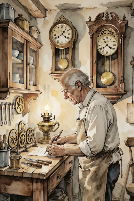 An Elderly Clockmaker Works Alone Inside A Cramped Nineteent...