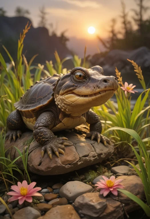 Tiny Alligator-turtle Hybrid, On Rock By Steam, Sunset, Reed...
