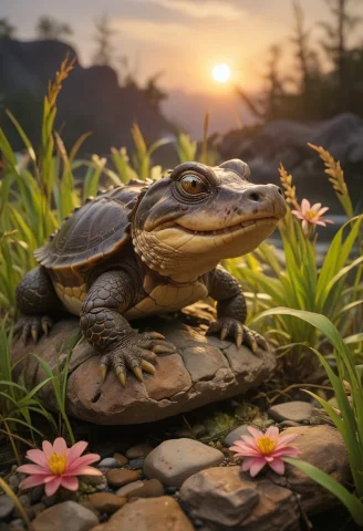 Tiny Alligator-turtle Hybrid, On Rock By Steam, Sunset, Reed... — SDXL AI Prompt: Tiny Alligator-turtle hybrid, on rock by steam, sunset, reeds, flowers, rim ligh...