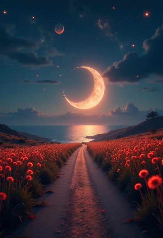 There Is A Big Crescent Moon On The Sea, And The Road Is Ful...