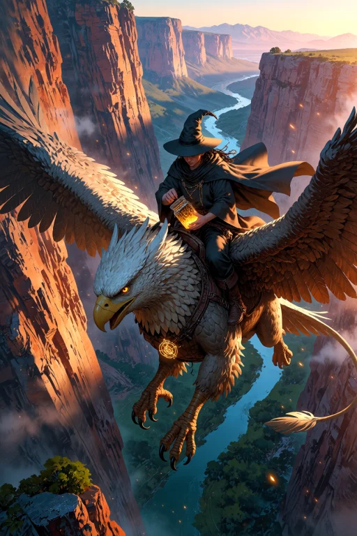, Wizard Riding A Griffin Through A Canyon At Sunrise Canyon...