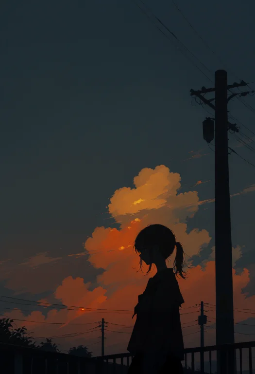 Kodoku, 1girl, Solo, Dark, Railing, Sky, Outdoors, Ponytail,...