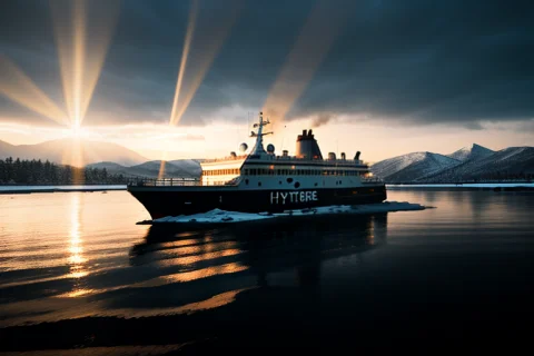 A Ferry Crossing Calm Water At First Light, Hyperrealistic,... — Stable Diffusion AI Prompt: a ferry crossing calm water at first light, hyperrealistic, volumetric god rays,...