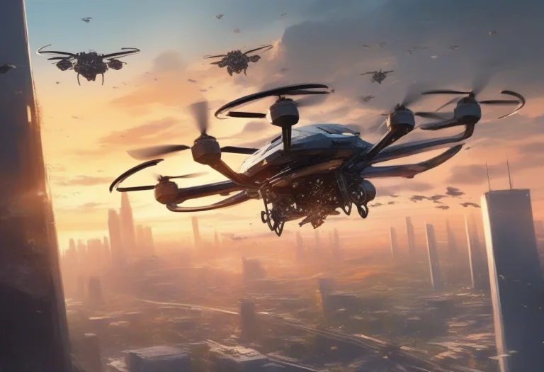 Masterpiece, Best Quality, A Drone Swarm Crossing A Shattere...